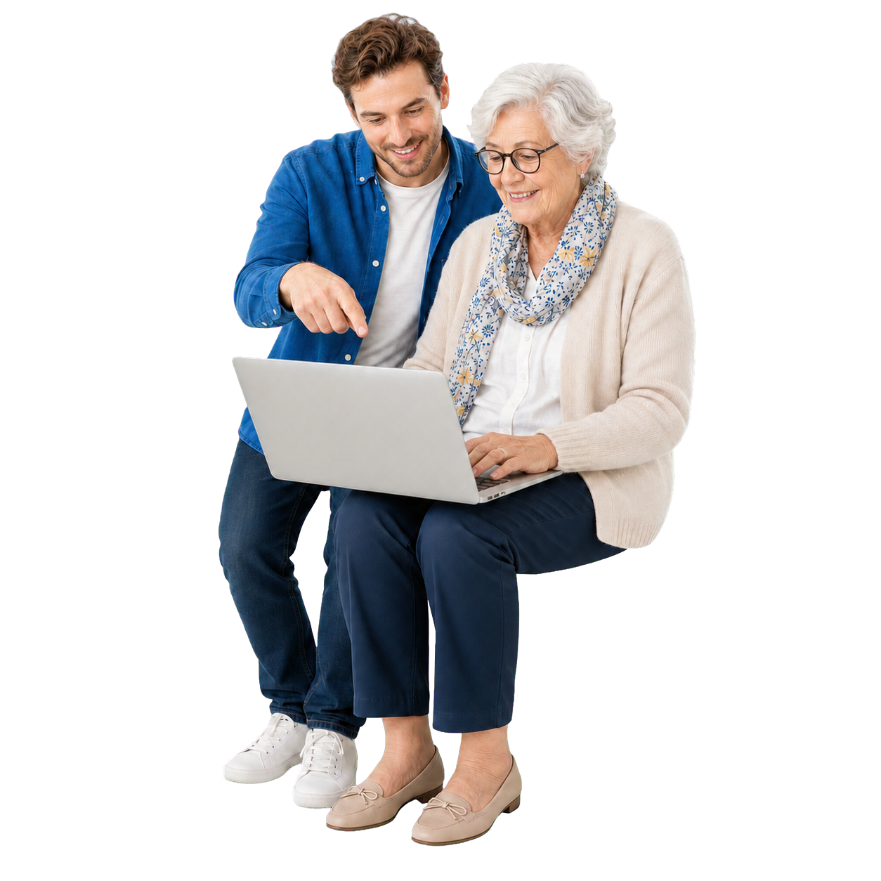 Une senior apprend à utiliser son ordinateur avec un formateur